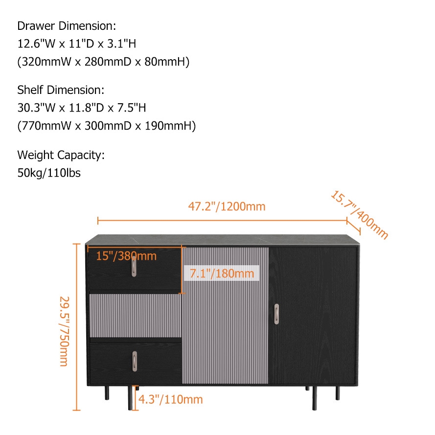Zwart dressoir buffetkast met 3 lades met plank en vouwdeur Vensterafbeelding