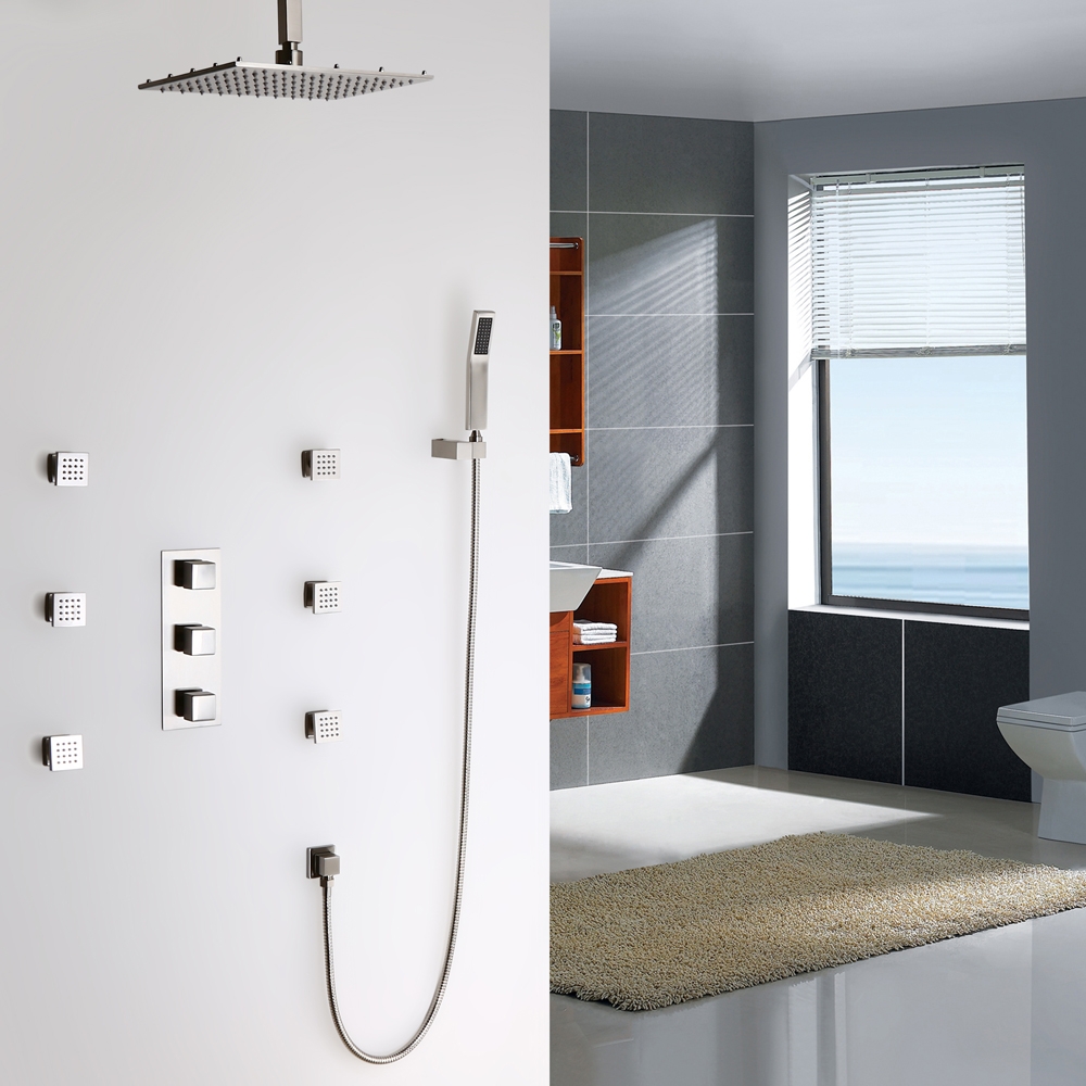 Modern 12 Inches Thermostatic Square Ceiling-Mount Rain Shower Head & 6 Body Sprays & Wall Mounted Hand Shower System Brushed Nickel window image