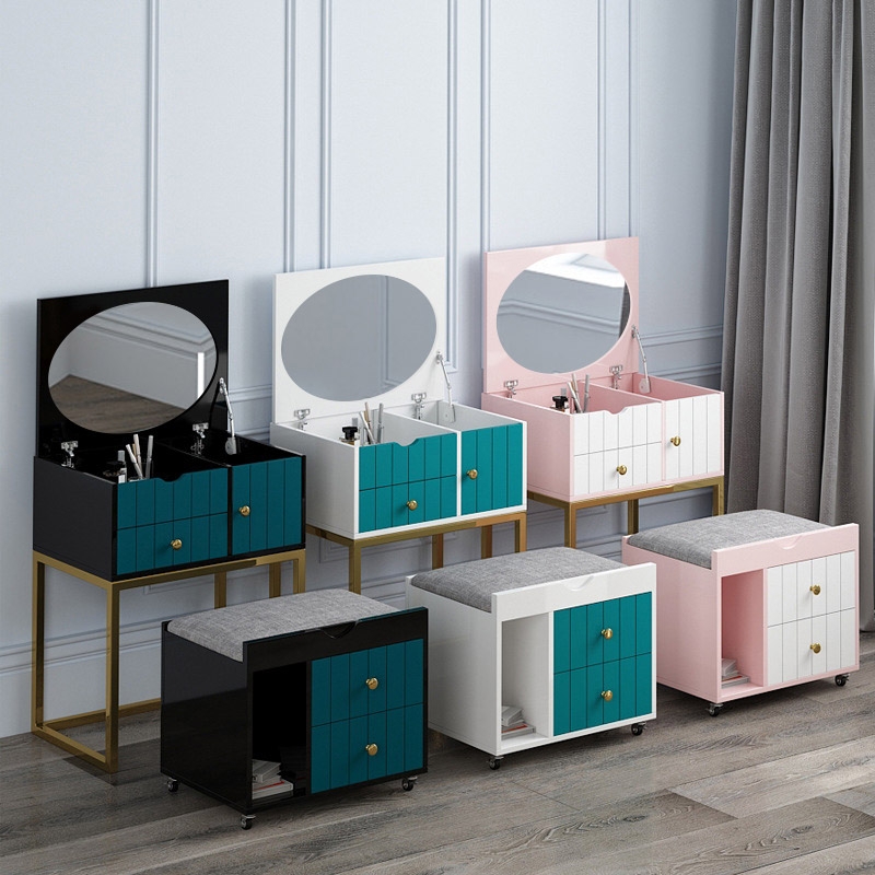 Modern Mirrored Makeup Vanity Set Dresser with Drawers & Ottoman in Pink window image