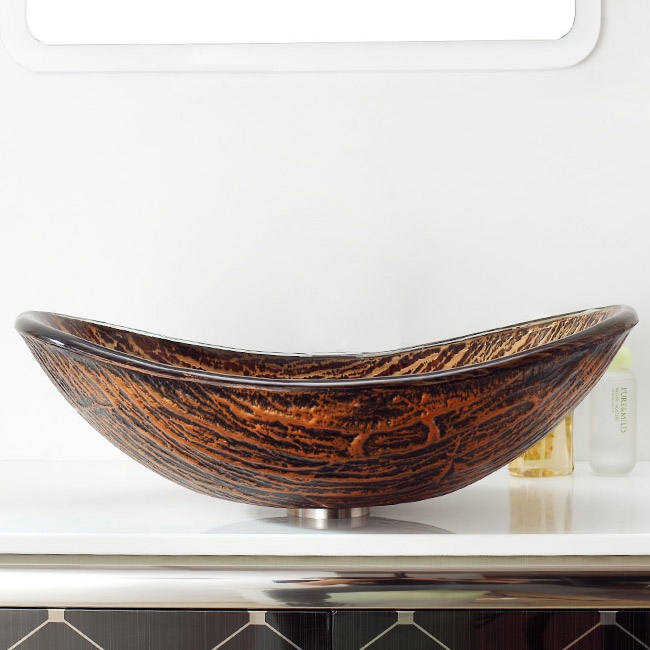 Fregadero ovalado en forma de barco marrón terroso estilo madera de vidrio templado para baño Imagen de ventana
