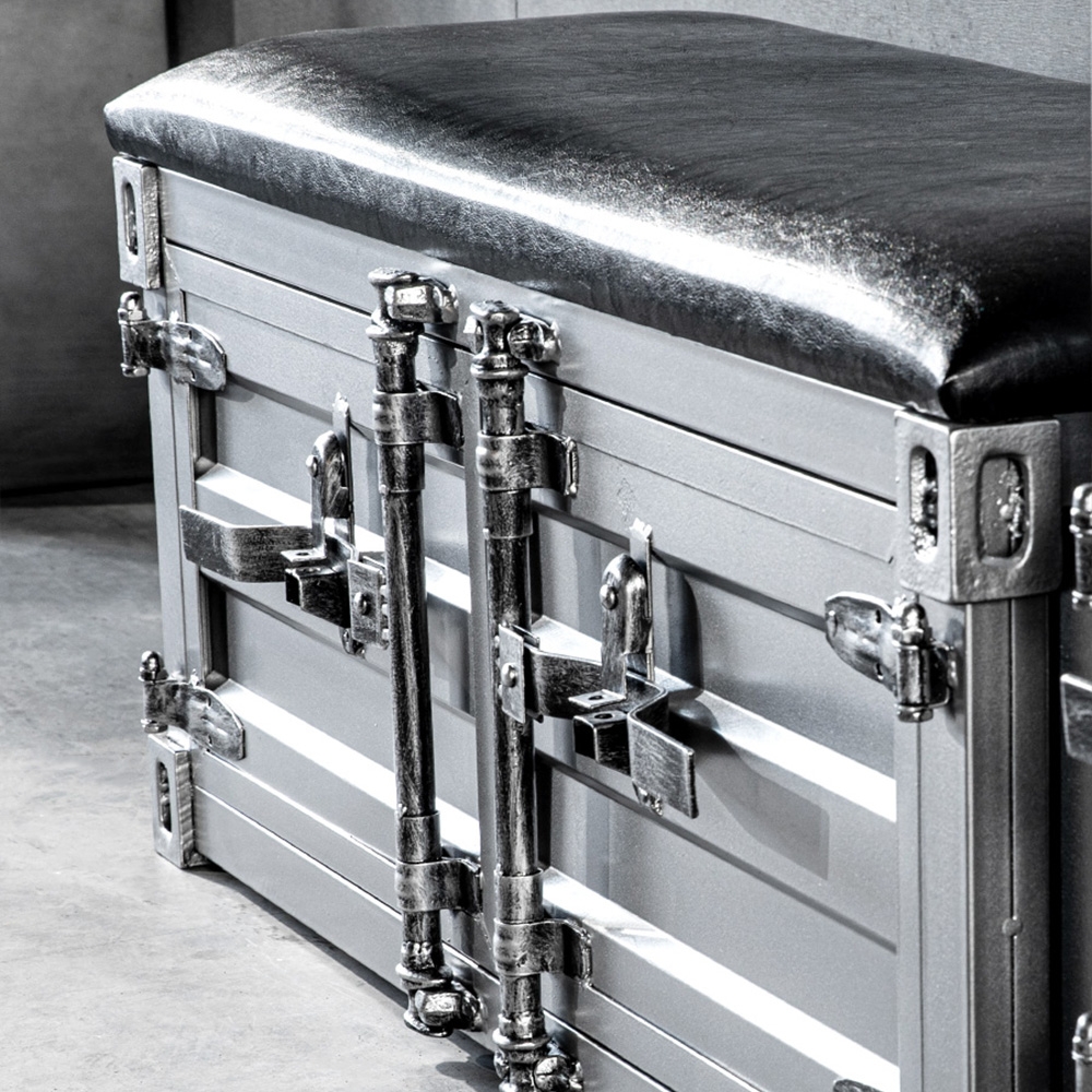 Industrial Cargo Container Style Shoe Storage Upholstered Bench in Silver window image