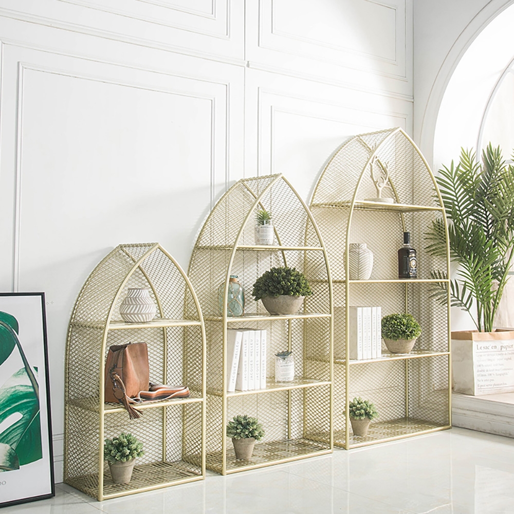 Contemporary Metal Mesh 3-Tier Etagere Bookshelf in Gold window image