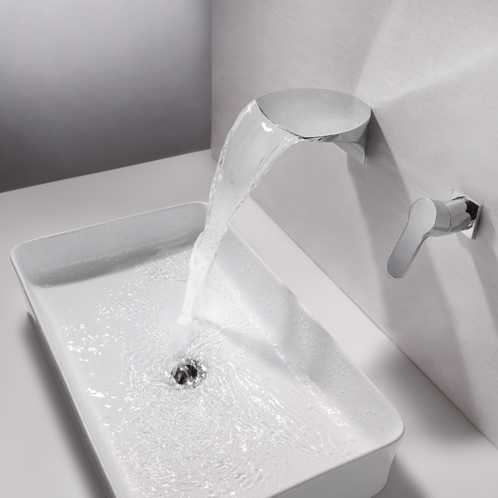 Modern LED Waterfall Wall Mounted 2-Hole Bathroom Basin Mixer Tap in Polished Chrome window image