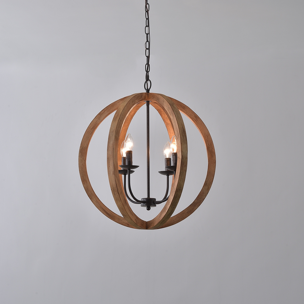Rustic Vintage 4 Lights Brown Wood Globe Orb Chandelier Rust Metal Candle Light window image