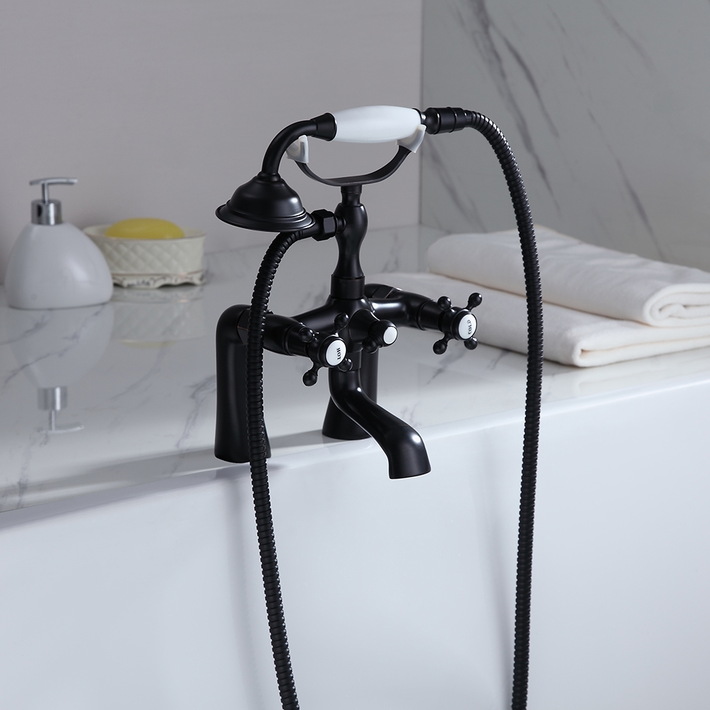 Montag Deck Mounted Waterfall Tub Filler Faucet with Hand Shower Solid Brass in Antique Black window image