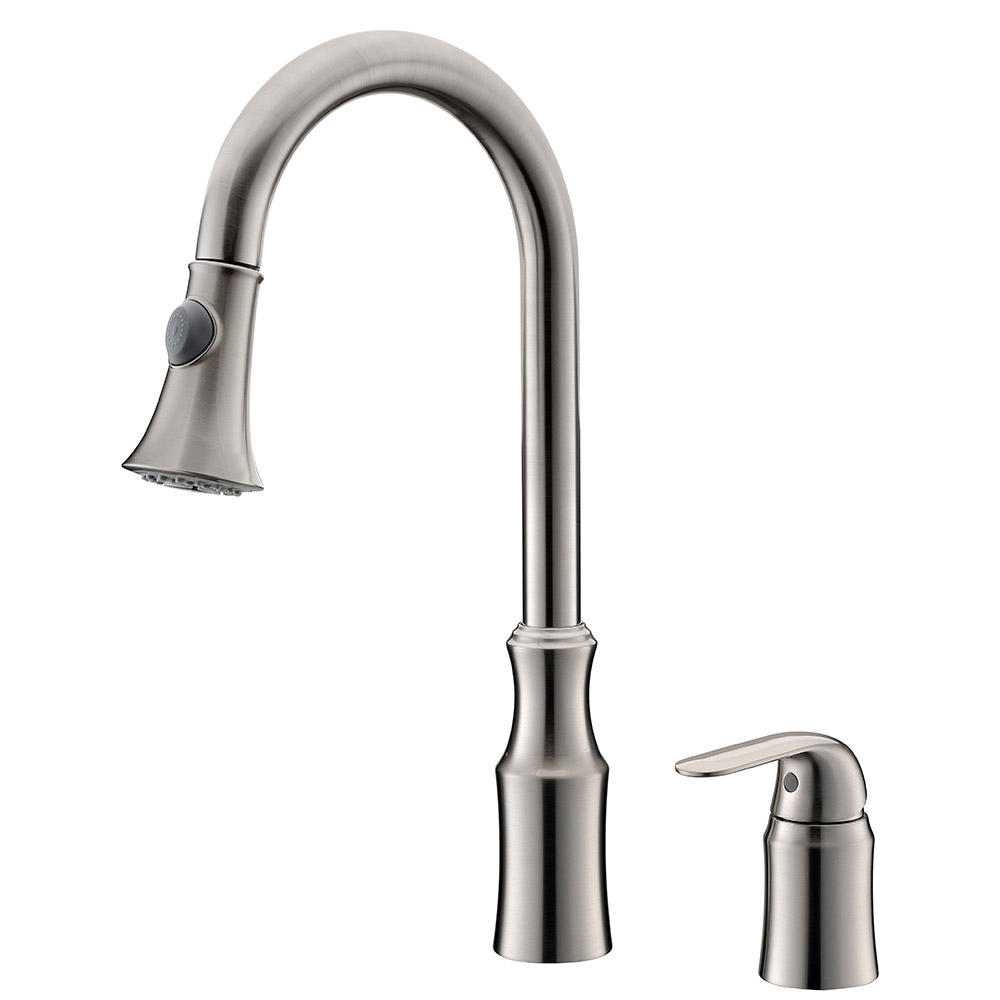 Ethan Robinet de cuisine moderne 2 trous et double pulvérisateur coulissant en nickel brossé image de fenêtre