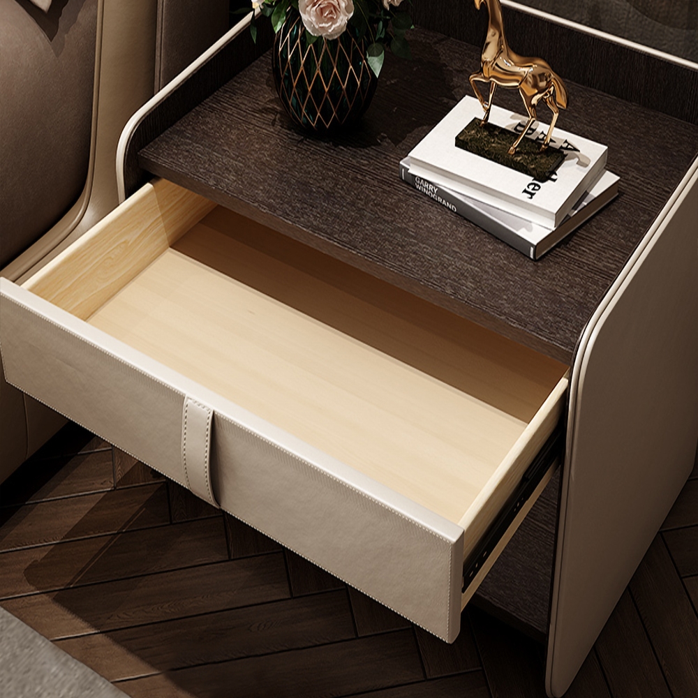 Table de chevet moderne en bois avec revêtement en similicuir avec tiroir et étagère en noyer image de fenêtre