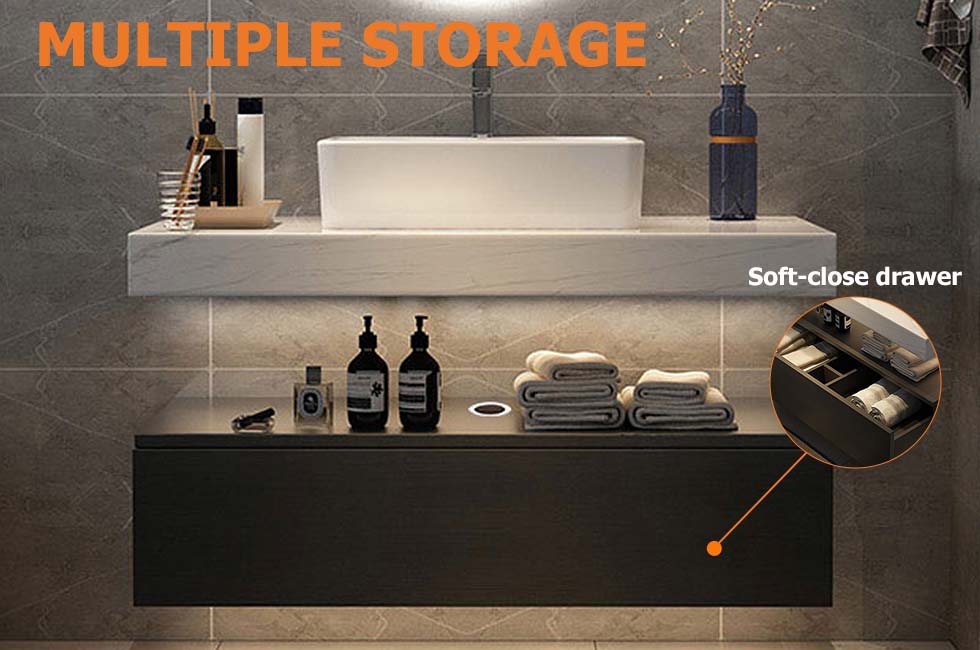 Modena mobile bagno sospeso singolo da 100 cm con lavabo e piano in pietra sinterizzata Immagine della finestra