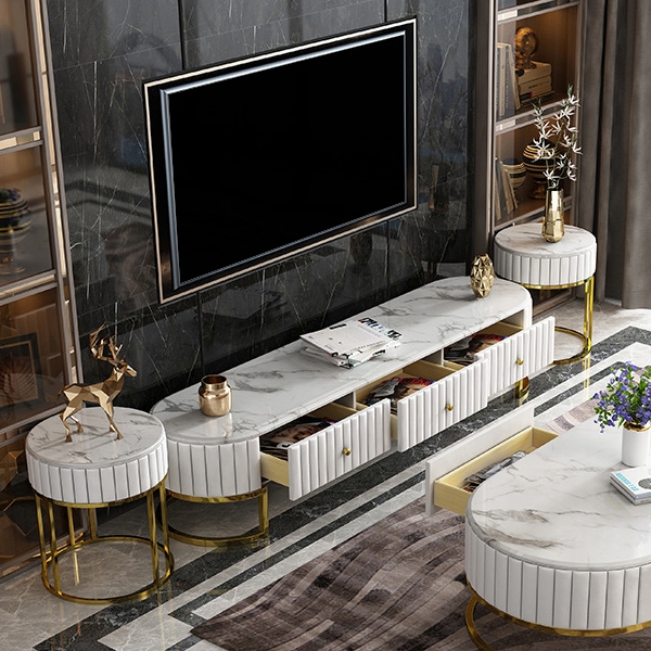 Faux Marble Round Side Table Small Side Table Round Gold Accent Table White Faux Leather Table window image