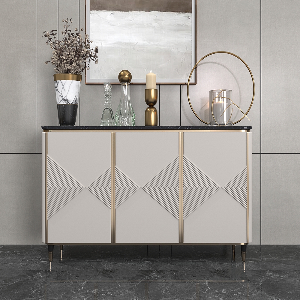 63" White Sideboard Buffet Black Faux Marble Top with Doors & Shelves Gold Finish in Large window image