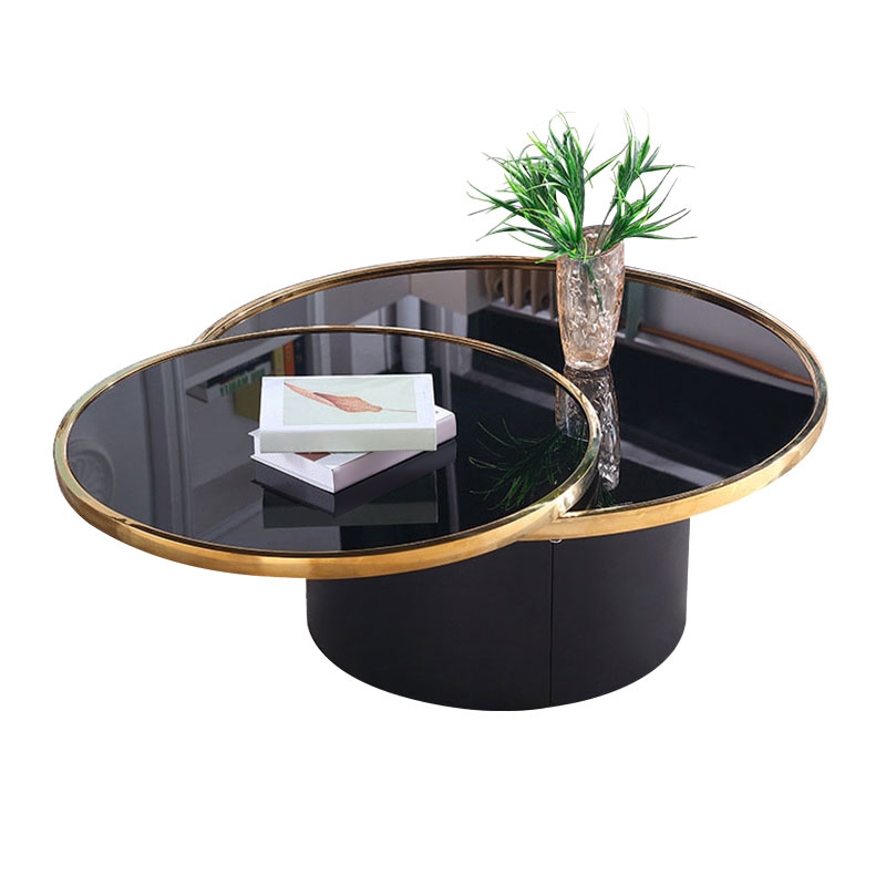 Nordic Black Tempered Glass Round Coffee Table with Stainless Steel Base in Black & Gold window image