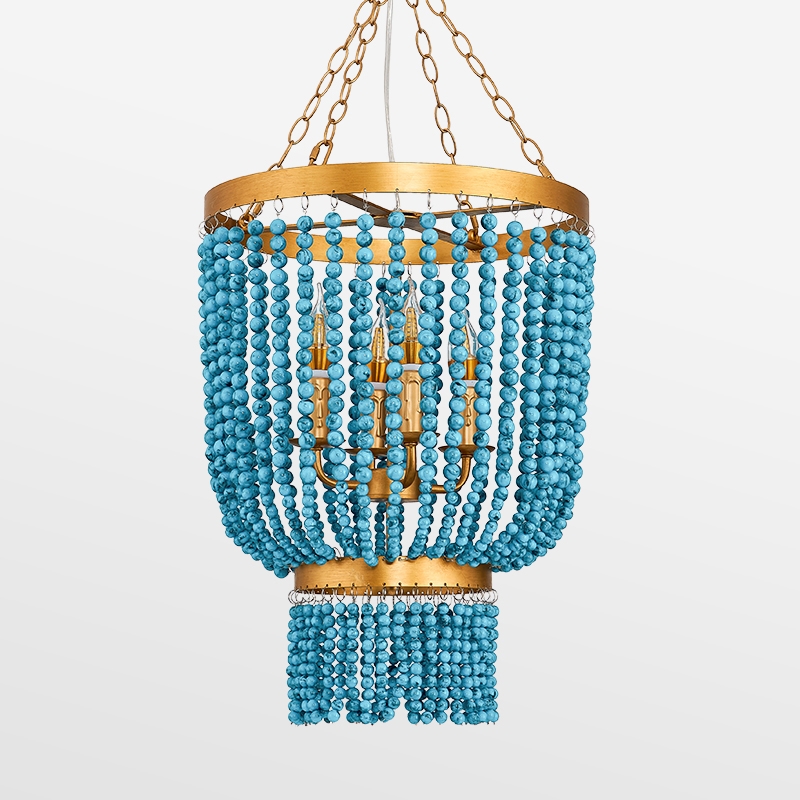 Vintage Style Blue Turquoise Bead Strands & Gold Metal 4-Light Chandelier with Candle Light window image