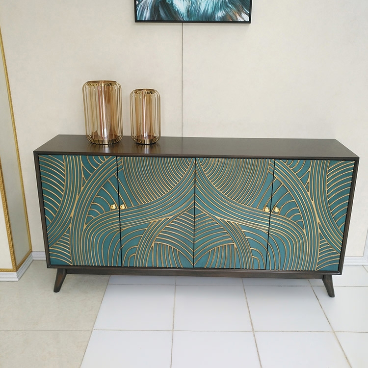 Nowi Modern 4-Door Wave Sideboard & Buffet Table Cabinet Birch MDF in Green & Gold window image