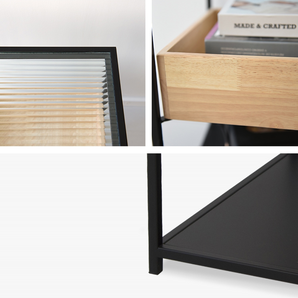 Black Square Side Table with Storage Glass Top End Table window image