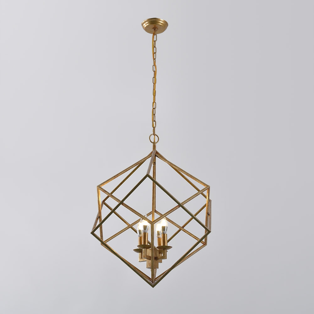 Modern Mid-Century Square Geometric Candle Chandelier 4-Light Antique Gold window image