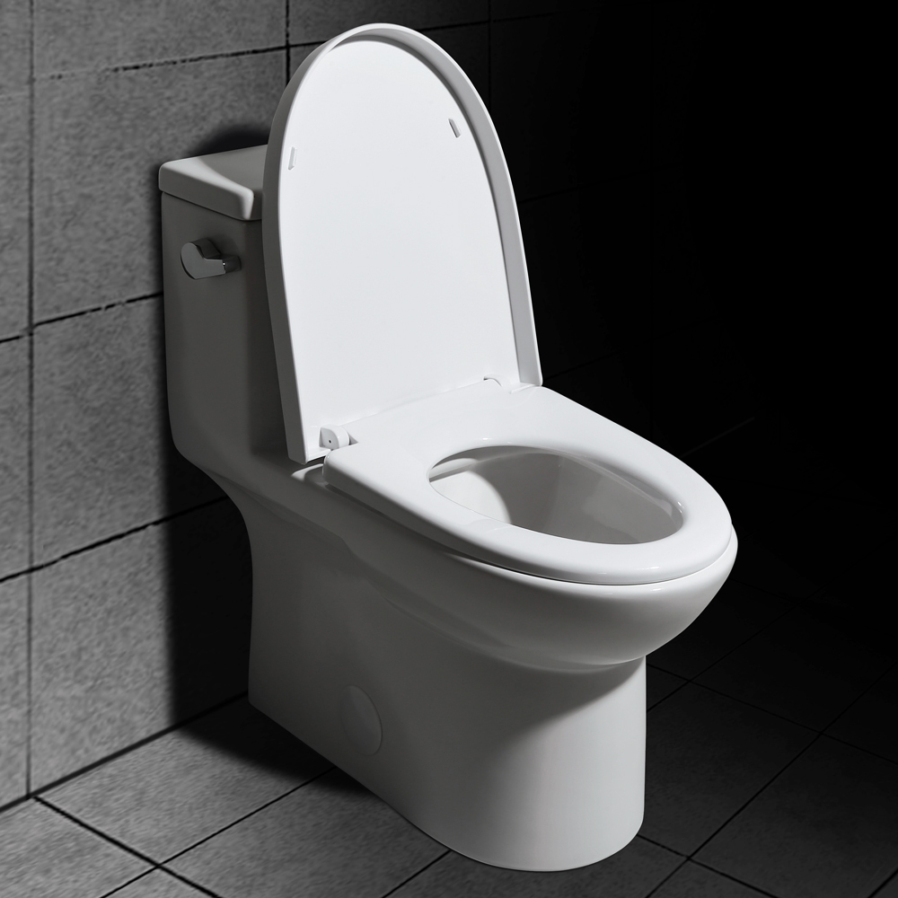 Modern One-Piece Single Flush 1.28 GPF Elongated Siphonic Toilet in White with Soft-Close Seat & Lid window image
