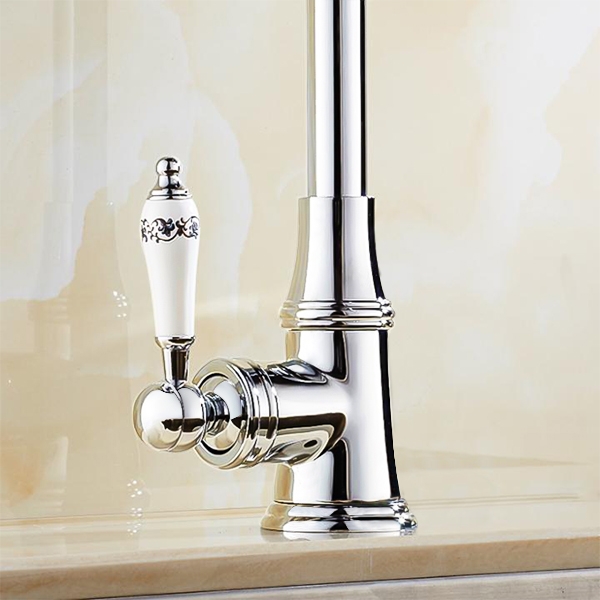 Classic Gooseneck White Single Porcelain Handle Kitchen Faucet in Solid Brass window image