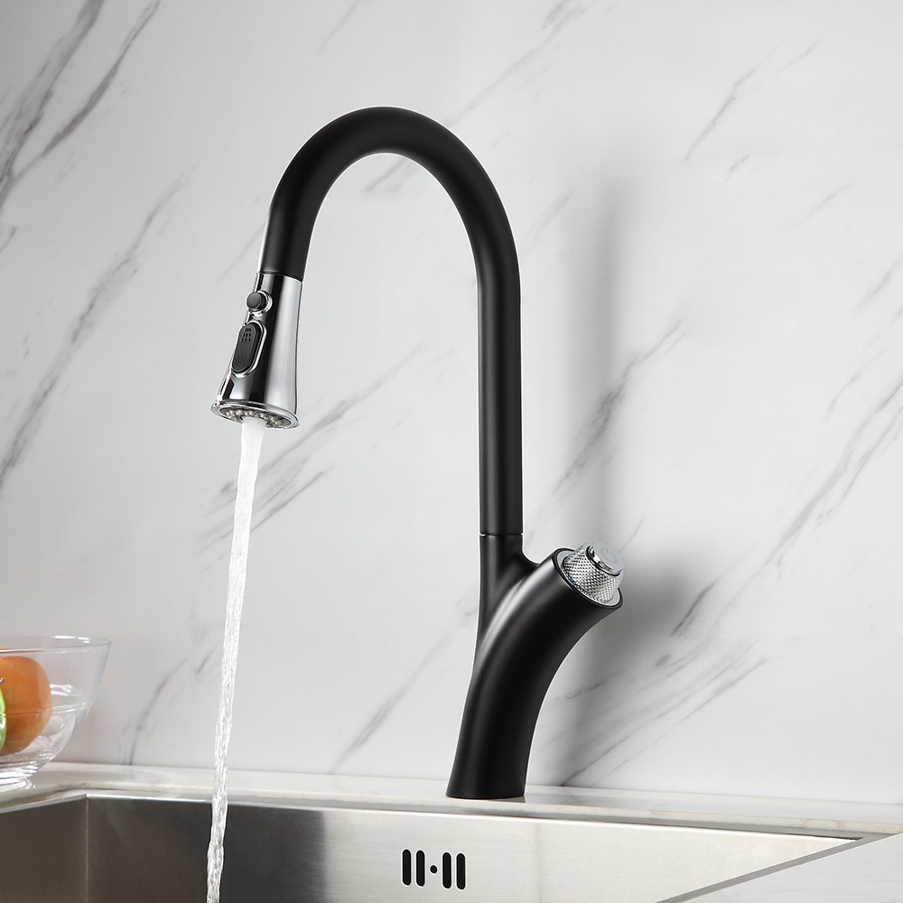 Grifo de cocina extraíble de arco alto negro y cromado con doble función pulverizador de latón macizo Imagen de ventana
