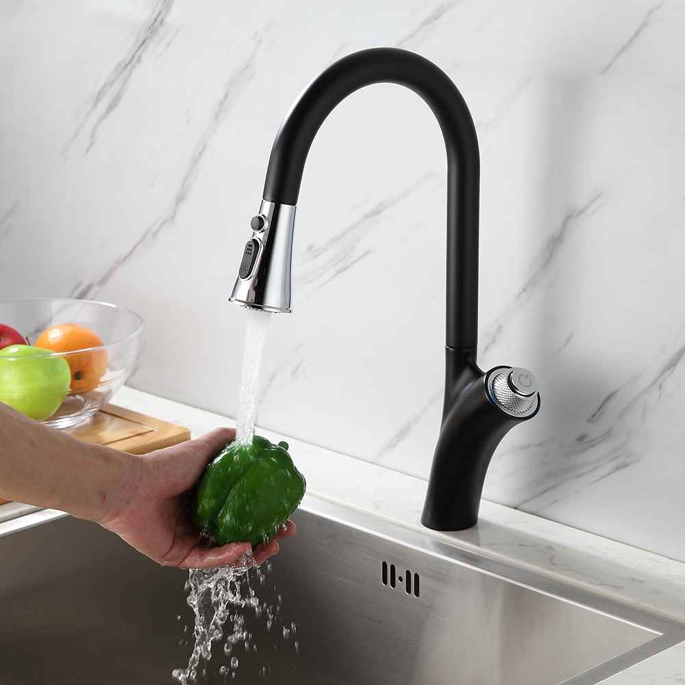Grifo de cocina extraíble de arco alto negro y cromado con doble función pulverizador de latón macizo Imagen de ventana