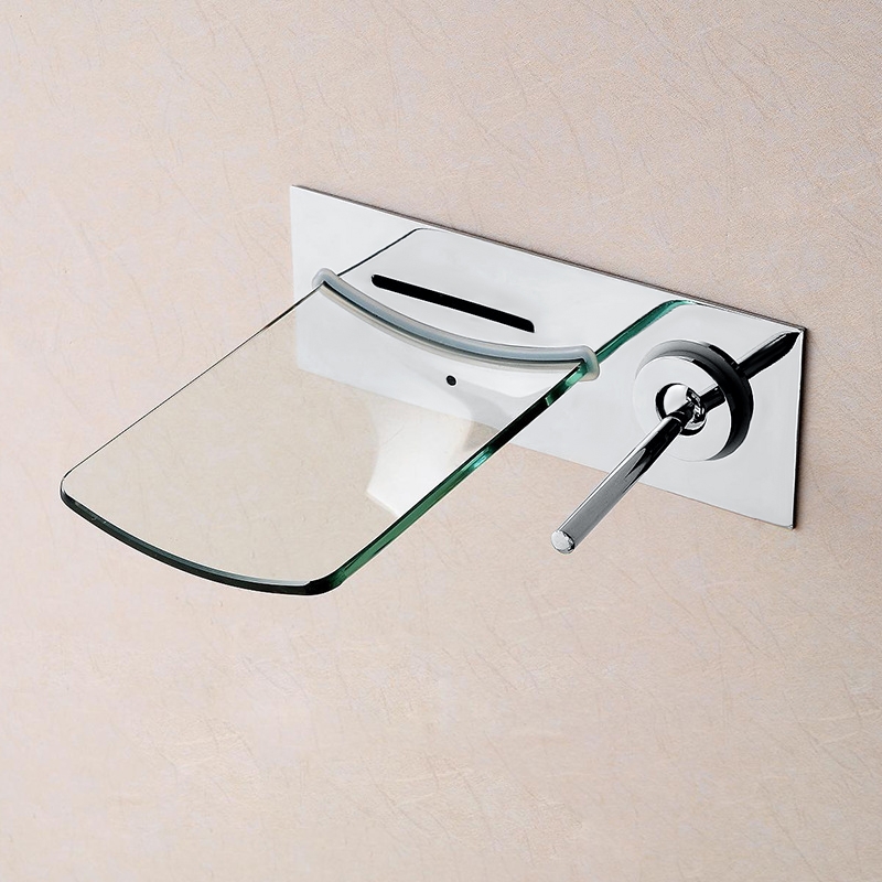 Clari Wall Mounted Chrome Glass Waterfall Spout Bathroom Sink Faucet with Single Lever Handle window image