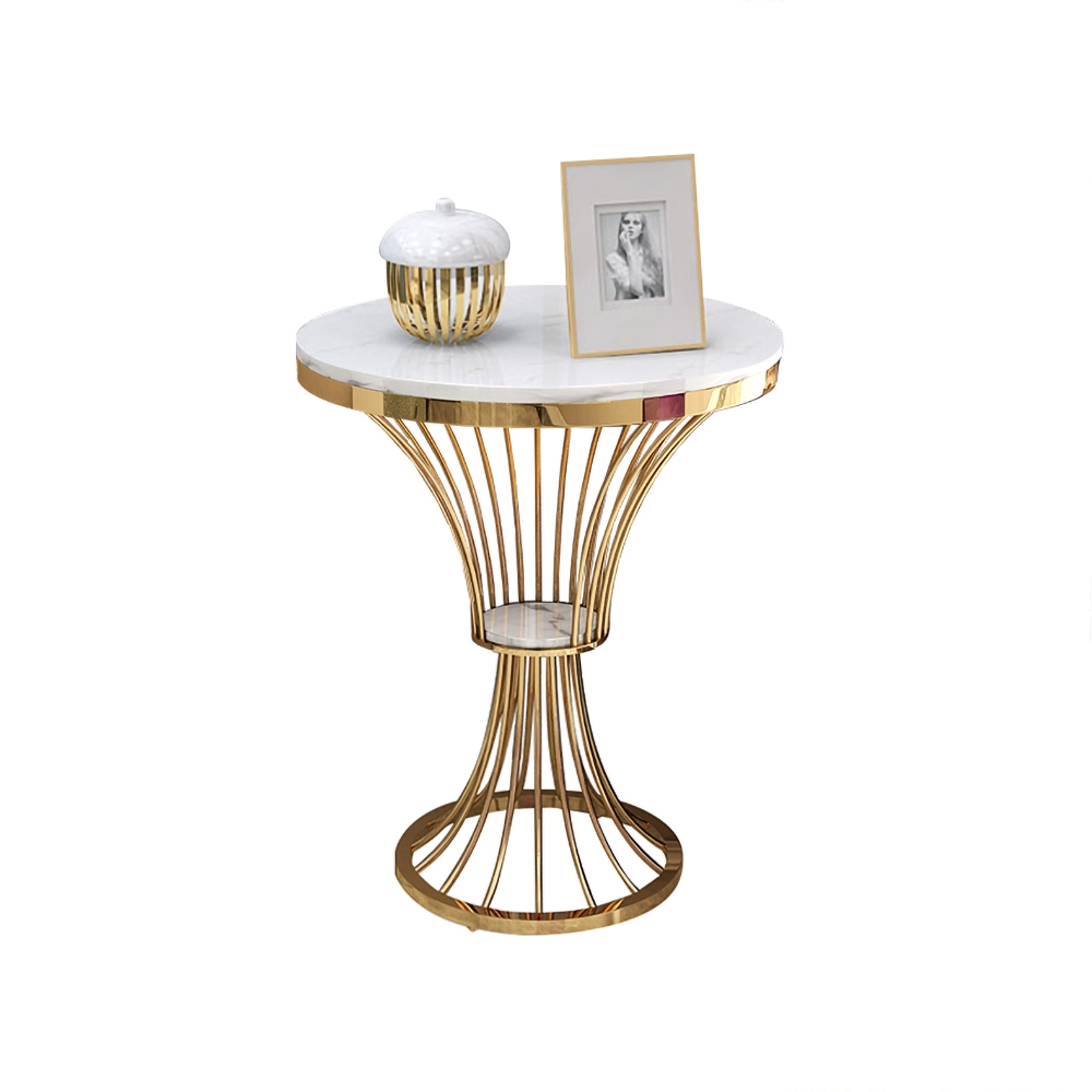 White Round Faux Marble Side Table Spiral-Shaped End Table in Gold window image