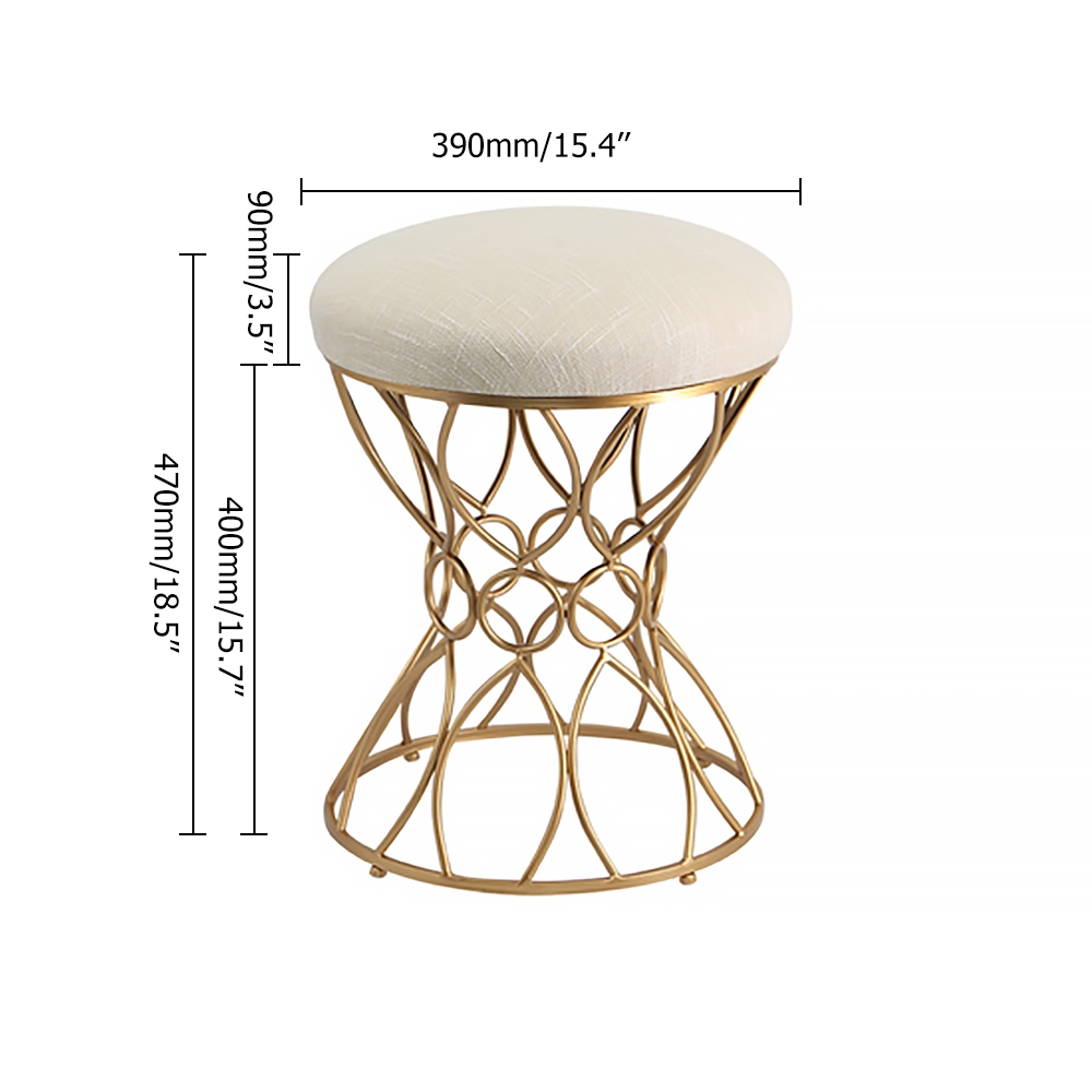 Beige Round Makeup Vanity Stool Linen Upholstered Ottoman Stool Gold Base window image