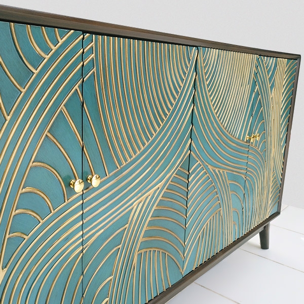 Nowi Modern 4-Door Wave Sideboard & Buffet Table Cabinet Birch MDF in Green & Gold window image