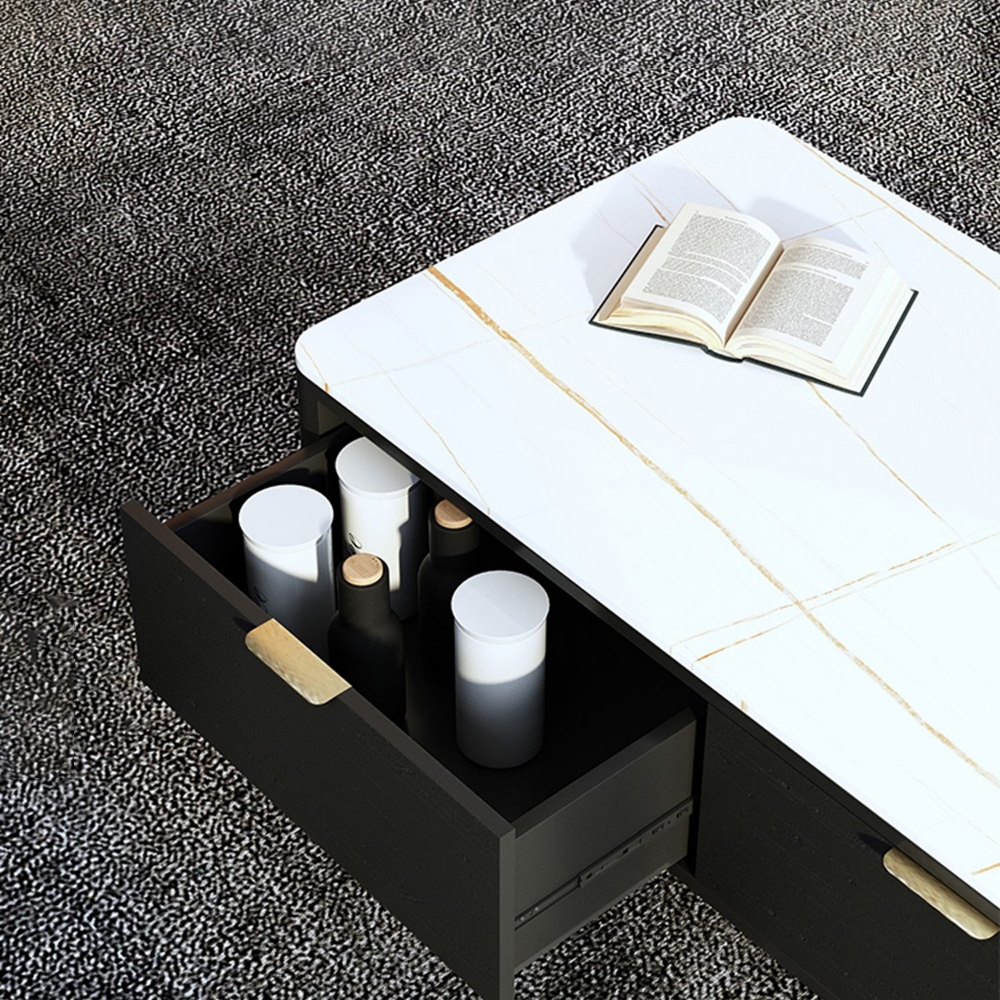 White Rectangular Coffee Table with Storage Sintered Stone 2-Drawer Accent Table window image