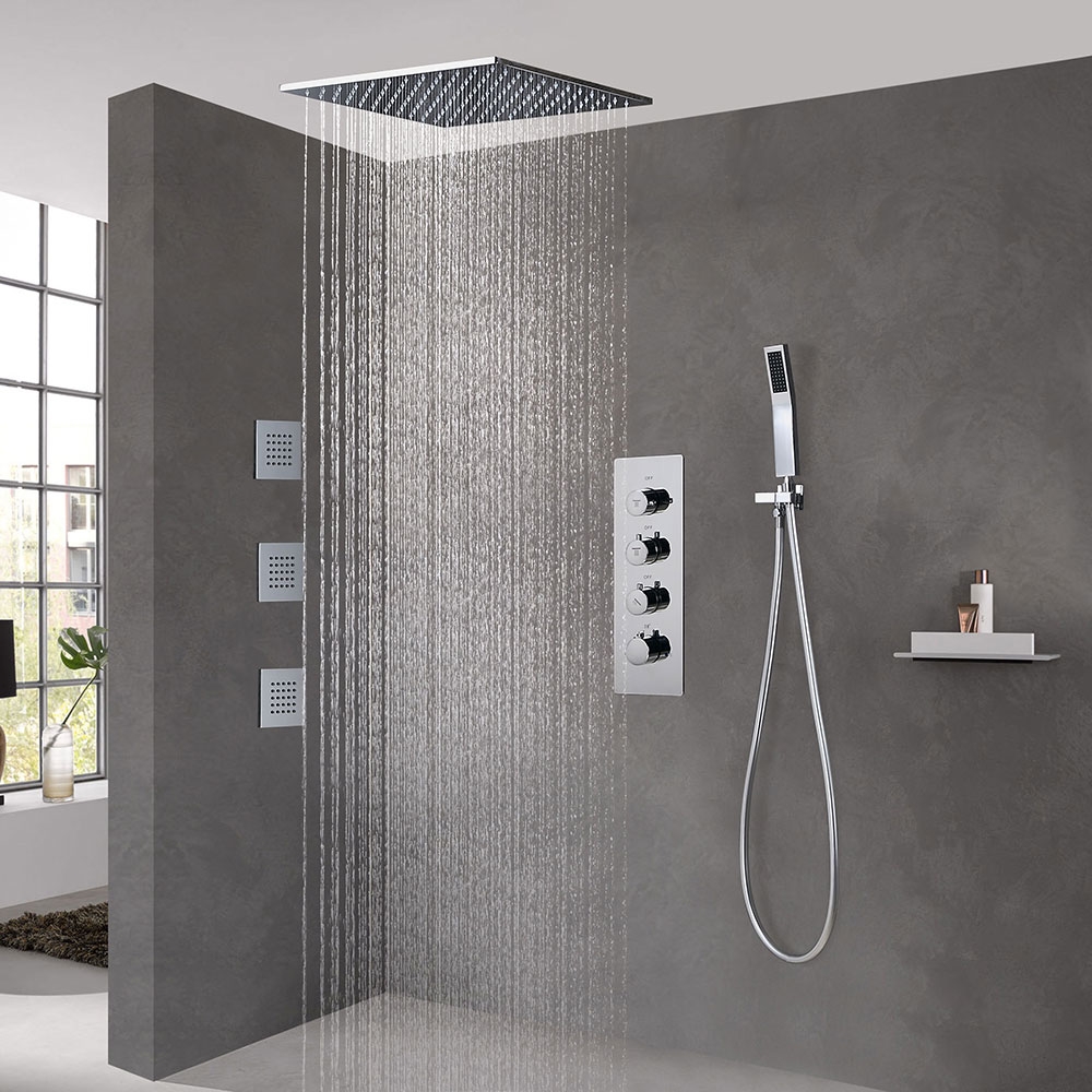 Modern Style 20" Polished Chrome Square Rain Shower System with Handheld Shower & 3 Body Sprays Solid Brass window image
