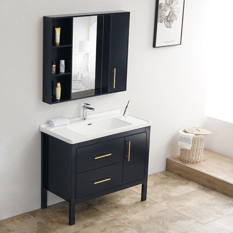 Modern Blue 40" Single Sink Bathroom Vanity with Sink & Drawers Medicine Cabinet Included window image