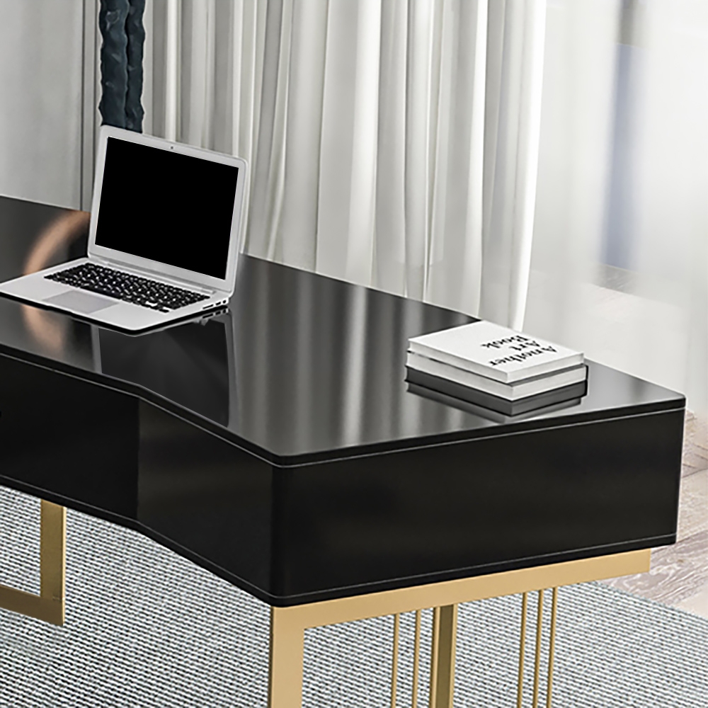 Escritorio negro con cajón Escritorio moderno para ordenador MDF y metal dorado Imagen de ventana