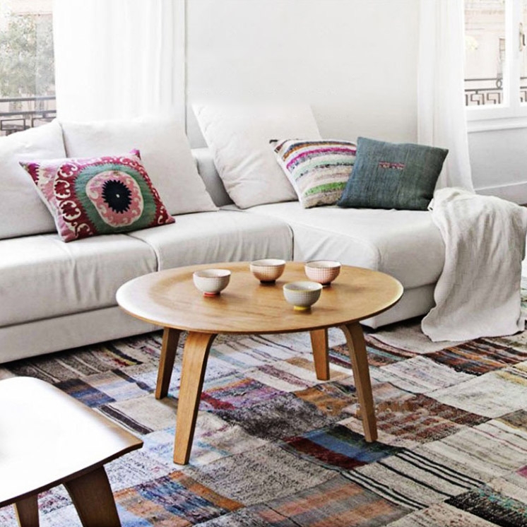 Mid-Century Modern Natural Wood Coffee Table Round Tray Coffee Table with Bent Tapered Legs window image