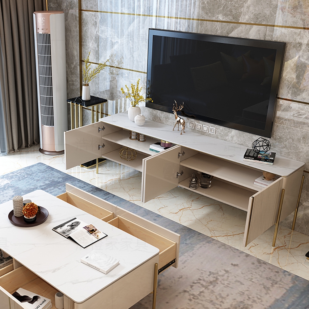 Off White Modern TV Stand with 4 Doors & 2 Shelves for TVs up to 80" in Gold window image