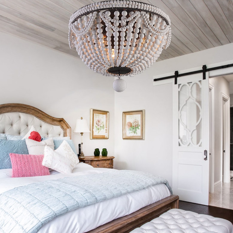 Retro Farmhouse Distressed Wood Bead 3-Light Dome Shaped Flush Mount Ceiling Light in White window image