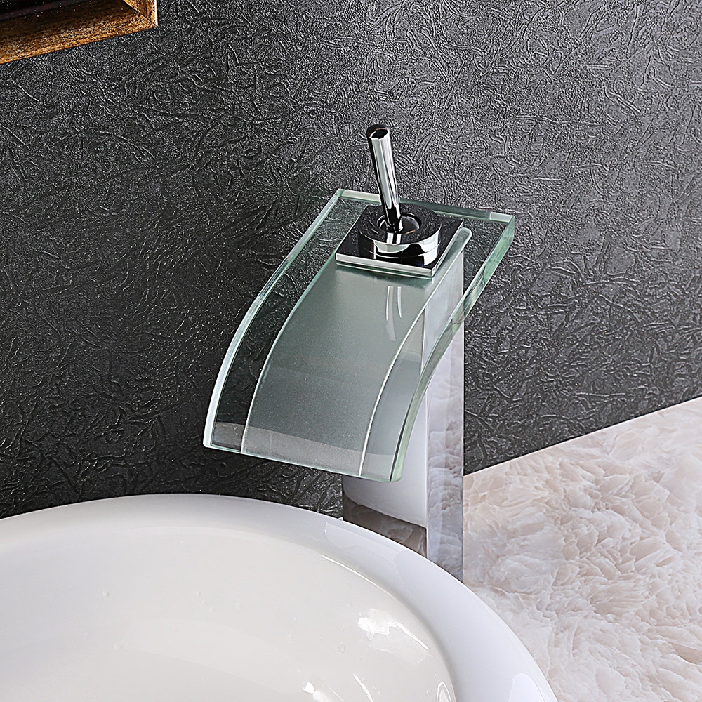 Co-crystal Single Lever Waterfall Bathroom Vessel Sink Faucet Curved Glass Spout Polished Chrome window image