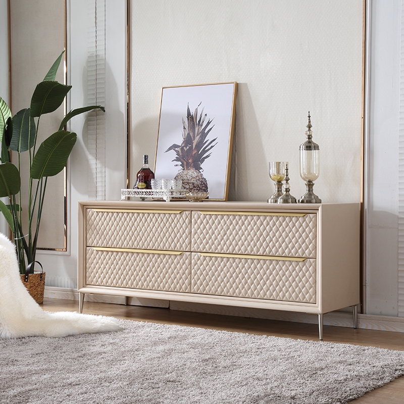 Modern Double Dresser Champagne Accent Cabinet Buffet Cabinet With Storage 4 Drawers Sideboard window image