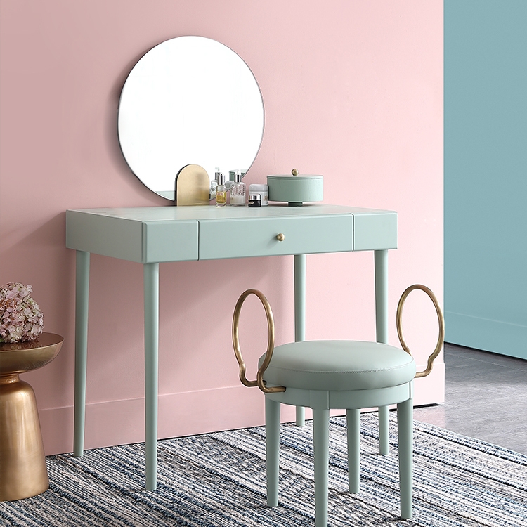 Moderne groene make-up kaptafel met lade en opbergdoos inclusief spiegel Vensterafbeelding