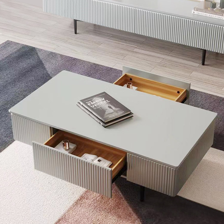 Gray Rectangular Storage Coffee Table with Drawers Tempered Glass Tabletop Metal Legs window image