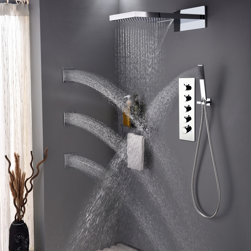Contemporary Stylish Rain & Waterfall Wall Mount Shower System with Handhled Shower 4-Function Standard Shower Mixer Valve Polished Chrome window image
