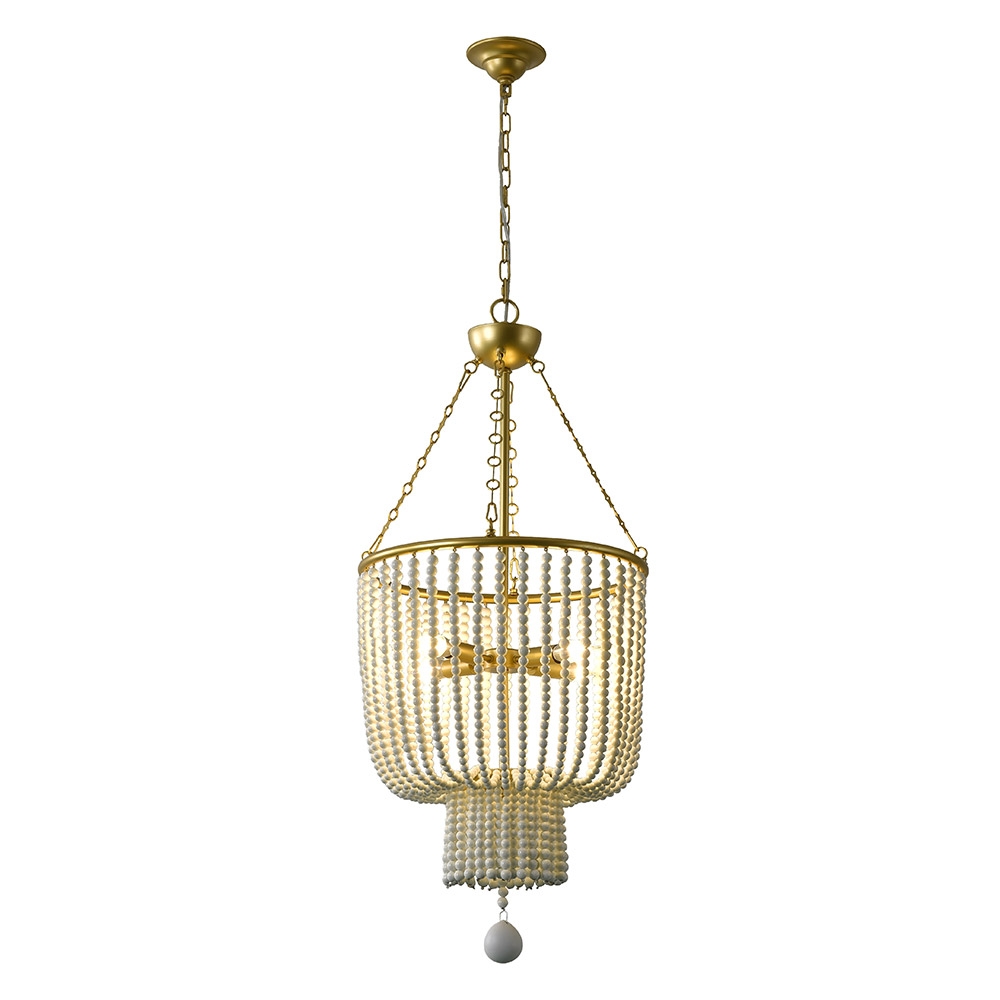 Elegante Lámpara Colgante con Cuentas de Cerámica Blanca Cremosa, 4 luces, Detalles en Metal Dorado Imagen de ventana
