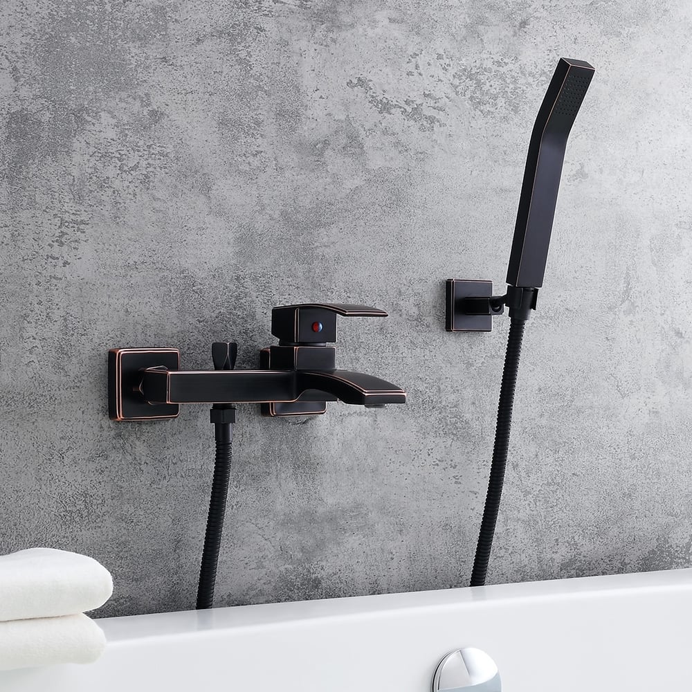 Modern 1-Handle Antique Black Wall-Mount Tub Filler Faucet with Flexible Hand Shower Solid Brass window image
