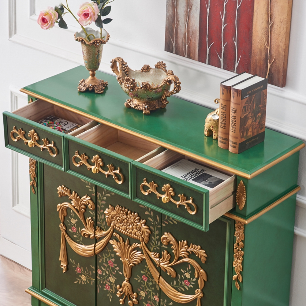 48" Vintage Rustic Shoe Cabinet Floral Patterns Gold Embossed Surface with 3 Drawers & 3 Doors & 8 Shelves window image