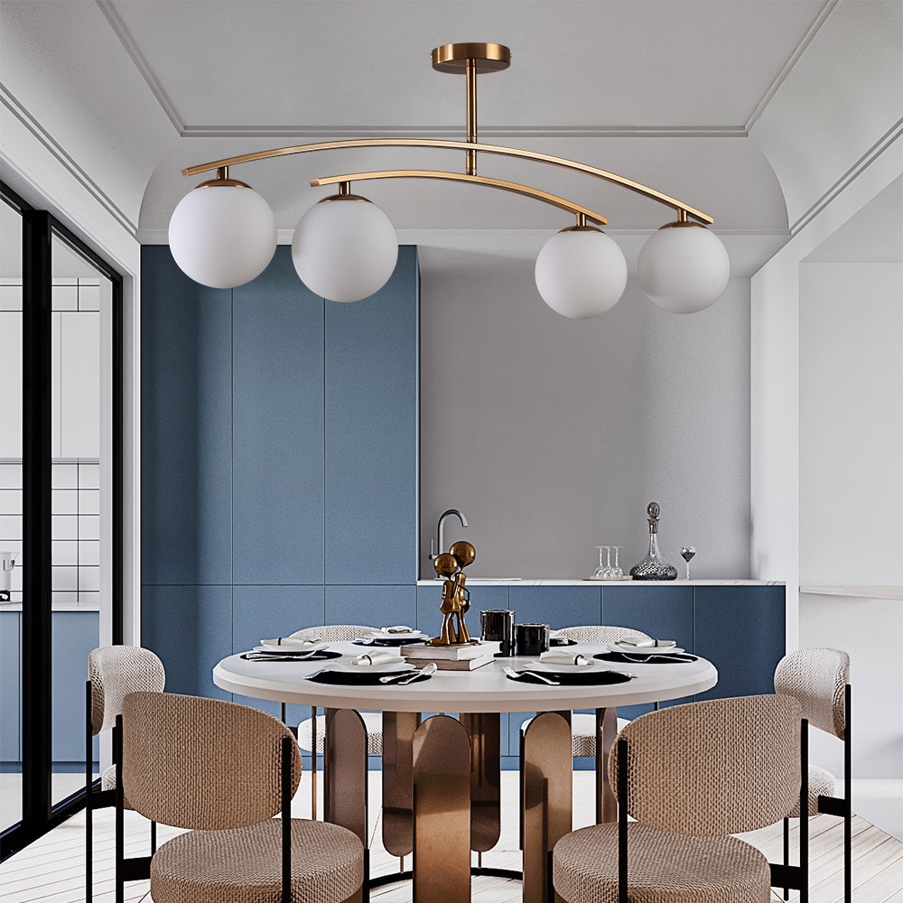 Modern 4-Light White Glass Globe Brass Metal Semi Flush Mount Ceiling Light Fixture window image