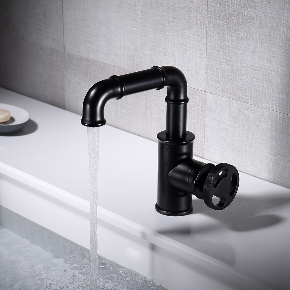 Ruth Industrial Pipe Monobloc Bathroom Basin Mixer Tap Single Handle Solid Brass in Black window image