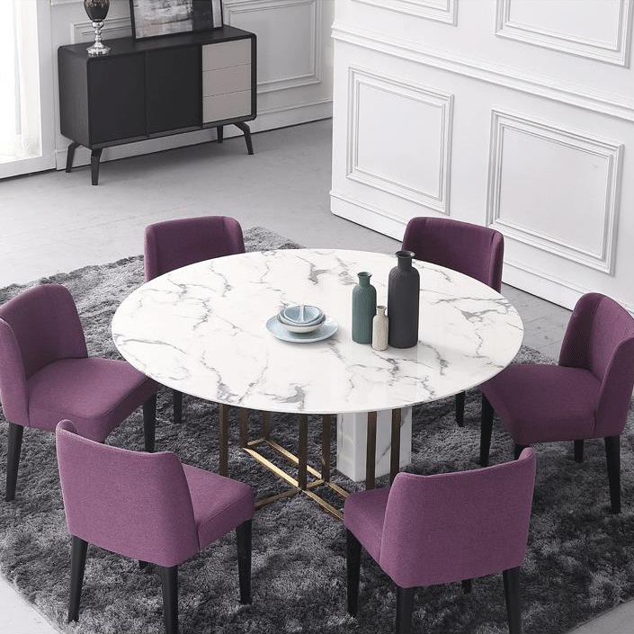 Modern Luxury 59" Round Dining Table with Faux Marble Top & Metal Base Large in Brushed Gold window image