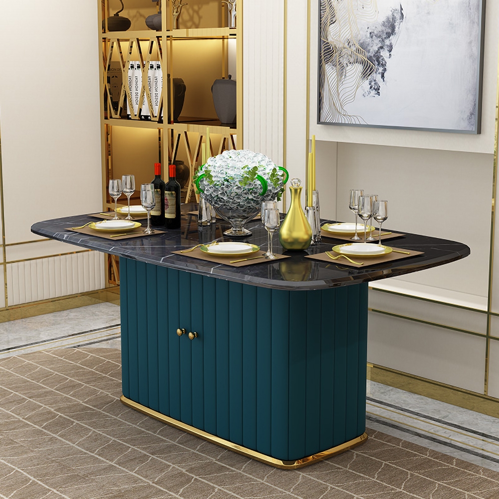 Black Faux Marble Rectangle Dining Table with Storage Blue PU Leather window image