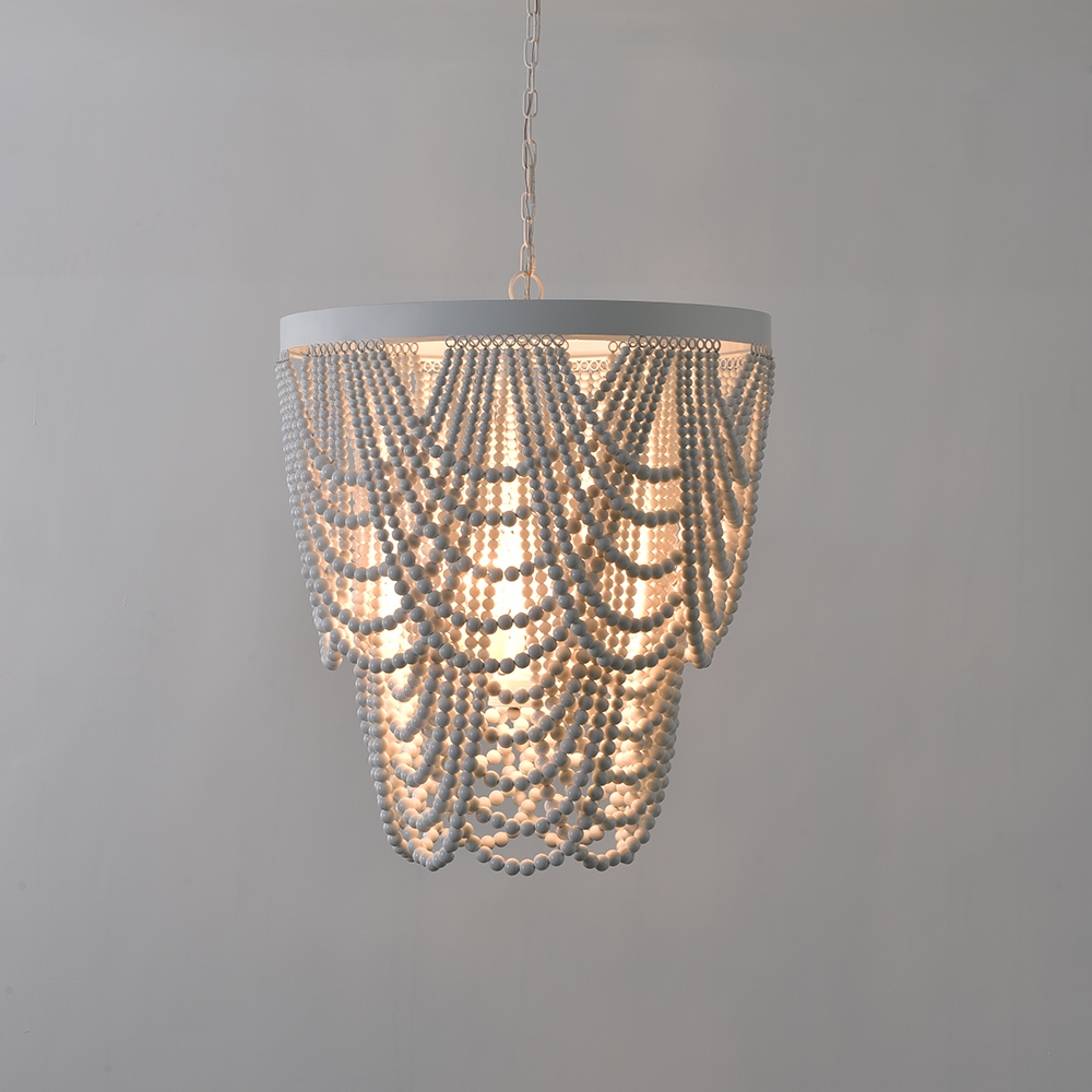Rustic Farmhouse Wooden Bead Cascade 3-Light Chandelier in White window image