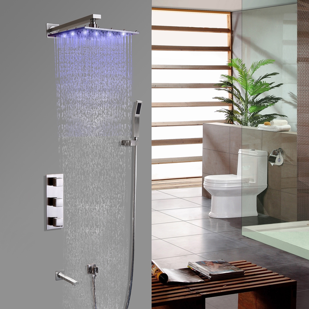 Contemporary 16X32 Inches Brushed Nickel Wall Mounted LED Thermostatic Rainfall Shower System with Hand Shower & Tub Spout window image