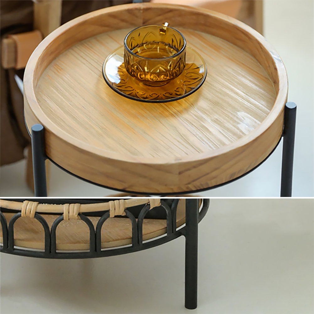 Farmhouse Wood Side Table with Shelf Rattan Woven Round End Table window image