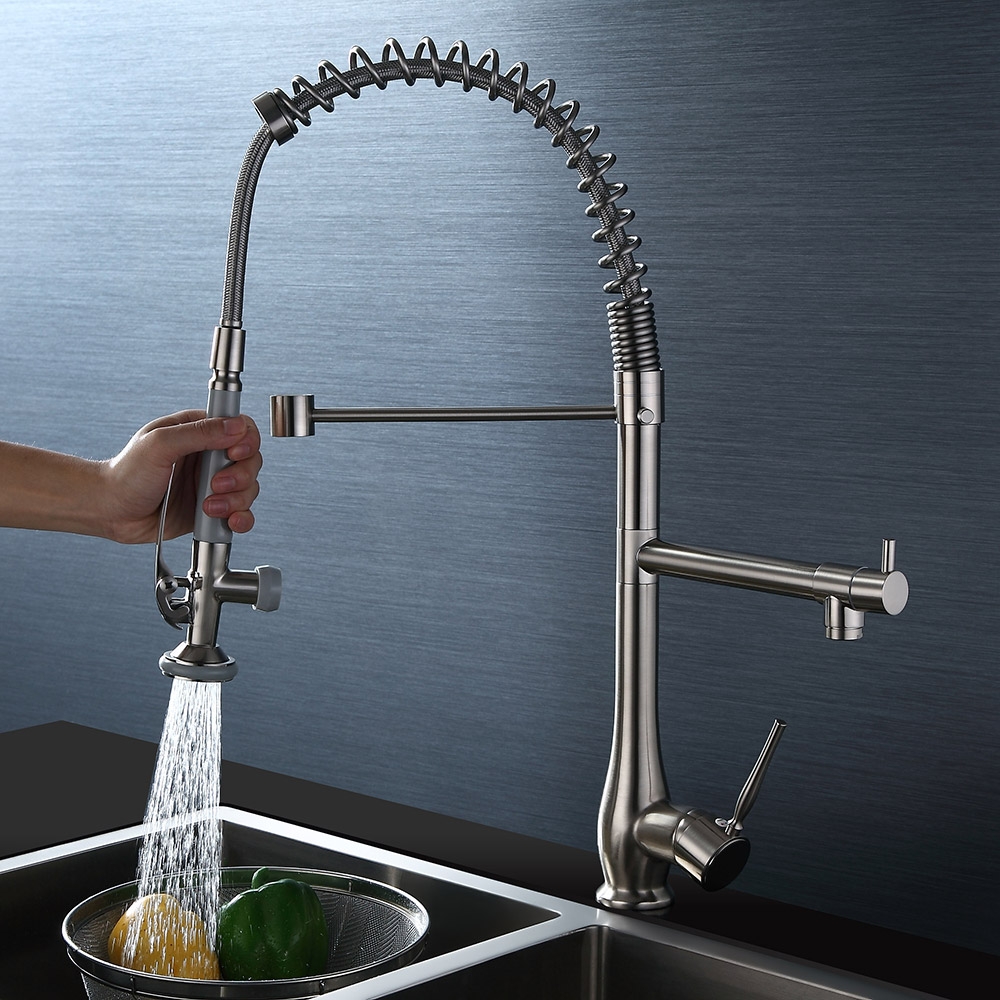 Commercial Dual-Function 1-Lever Pull Down Sprayer Pre-Rinse Kitchen Faucet Brushed Nickel window image